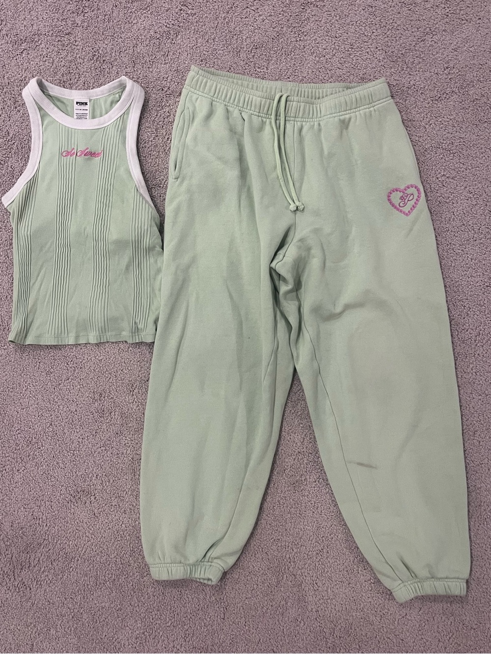 Pastel Green Campus Fleece Sweatpants & High Neck Racerback Tank w/Built in Bra